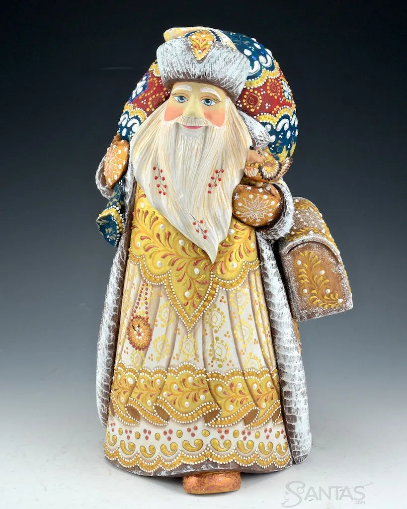 14 inch White and Gold Russian Santa with Satchel