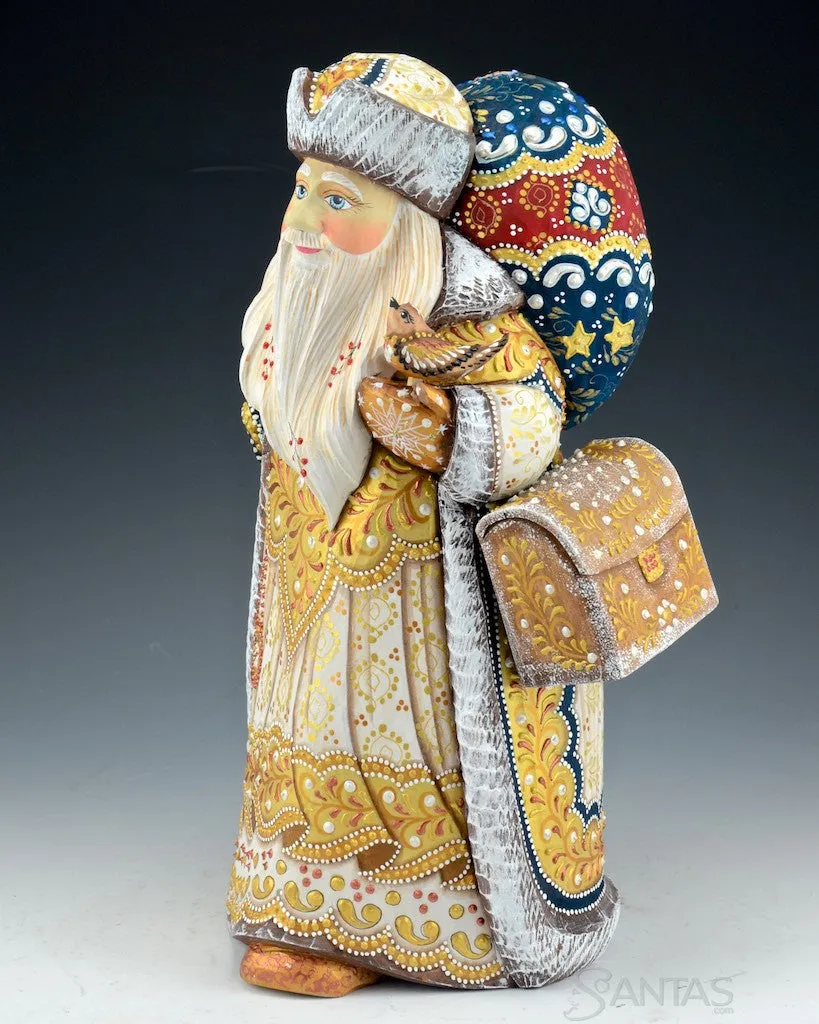 14 inch White and Gold Russian Santa with Satchel