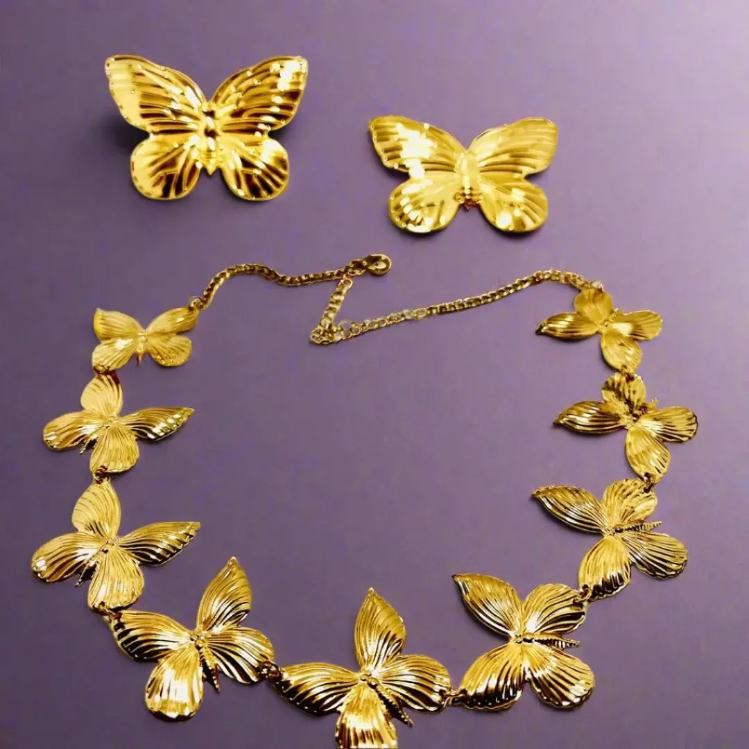 14k goden plated Butterfly Jewelry Set, charm Chain, and Earrings