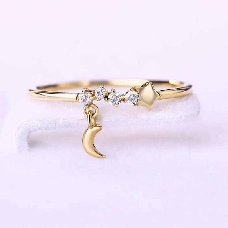 14K gold luxurious hand decoration, star moon ring,