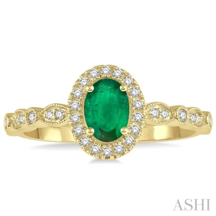 1/6 ctw Oval Shape 6x4mm Emerald & Round Cut Diamond Precious Ring in 10K Yellow Gold