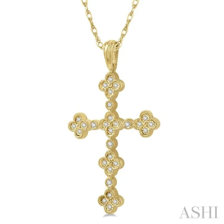 1/8 Ctw Floral Cross Round Cut Diamond Pendant With Link Chain in 10K Yellow Gold