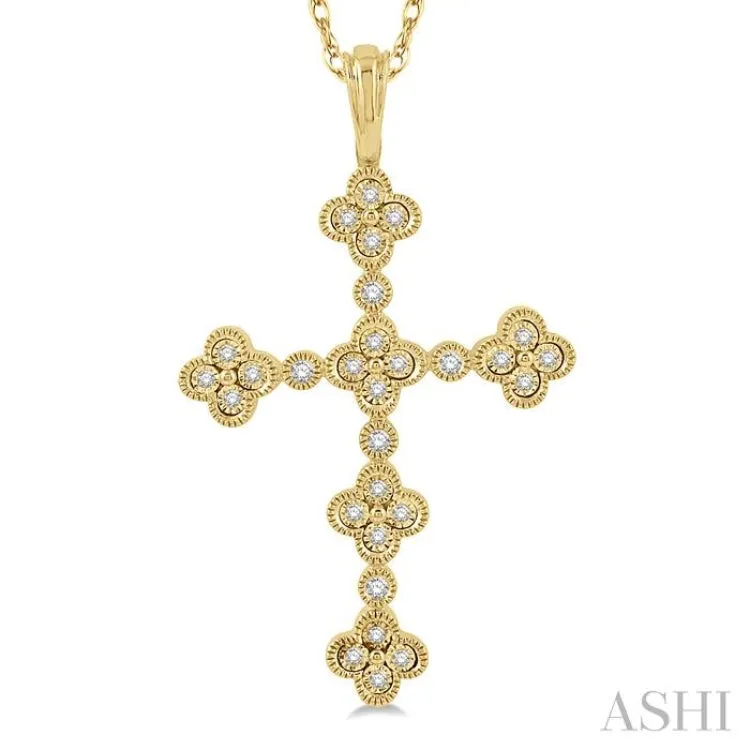 1/8 Ctw Floral Cross Round Cut Diamond Pendant With Link Chain in 10K Yellow Gold