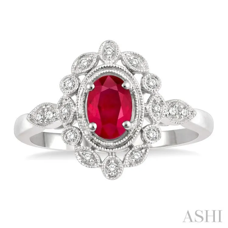 1/8 Ctw Lattice Reverse Taper Shank Round Cut Diamond & 6x4MM Oval Cut Ruby Precious Ring in 10K White Gold