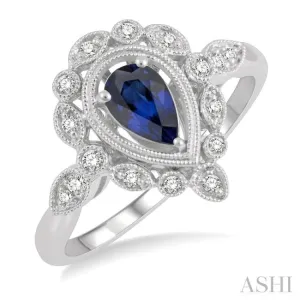 1/8 Ctw Lattice Reverse Taper Shank Round Cut Diamond & 6x4MM Pear Cut Sapphire Precious Ring in 10K White Gold