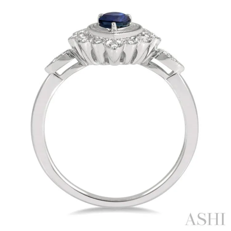 1/8 Ctw Lattice Reverse Taper Shank Round Cut Diamond & 6x4MM Pear Cut Sapphire Precious Ring in 10K White Gold