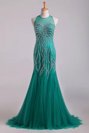 2024 Scoop Mermaid Tulle Prom Dresses Fully Beaded Bodice Sweep Train