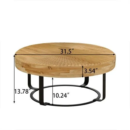 31.5" Modern round coffee table Wooden carving pattern coffee table with metal legs for living room reception room office Golden