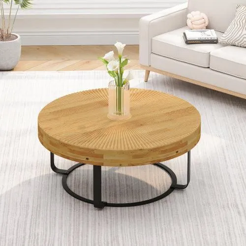 31.5" Modern round coffee table Wooden carving pattern coffee table with metal legs for living room reception room office Golden