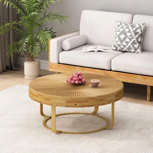 31.5" Modern round coffee table Wooden carving pattern coffee table with metal legs for living room reception room office Golden