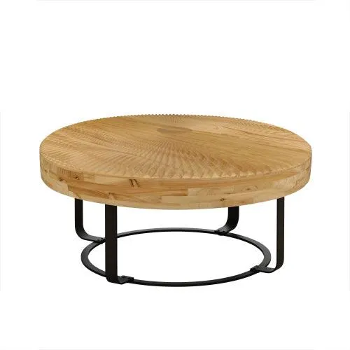 31.5" Modern round coffee table Wooden carving pattern coffee table with metal legs for living room reception room office Golden