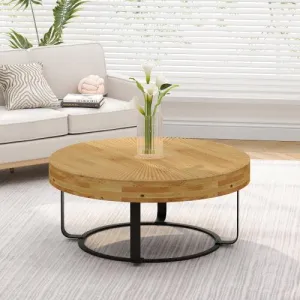 31.5" Modern round coffee table Wooden carving pattern coffee table with metal legs for living room reception room office Golden