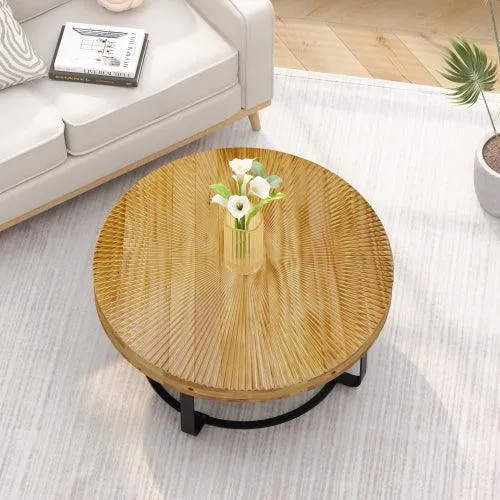 31.5" Modern round coffee table Wooden carving pattern coffee table with metal legs for living room reception room office Golden