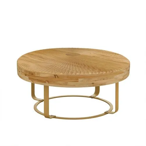 31.5" Modern round coffee table Wooden carving pattern coffee table with metal legs for living room reception room office Golden