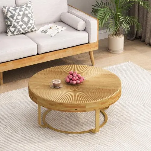 31.5" Modern round coffee table Wooden carving pattern coffee table with metal legs for living room reception room office Golden