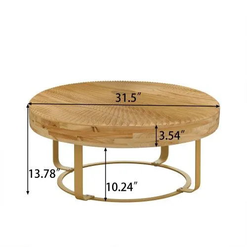 31.5" Modern round coffee table Wooden carving pattern coffee table with metal legs for living room reception room office Golden