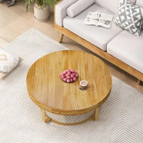 31.5" Modern round coffee table Wooden carving pattern coffee table with metal legs for living room reception room office Golden