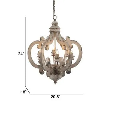 Aki 21 Inch 6 Light Chandelier, Carved Wood Frame, Classic, Vintage, White By Casagear Home