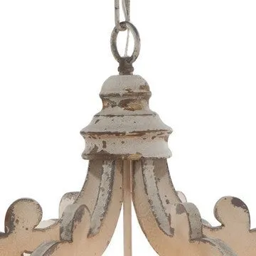 Aki 21 Inch 6 Light Chandelier, Carved Wood Frame, Classic, Vintage, White By Casagear Home