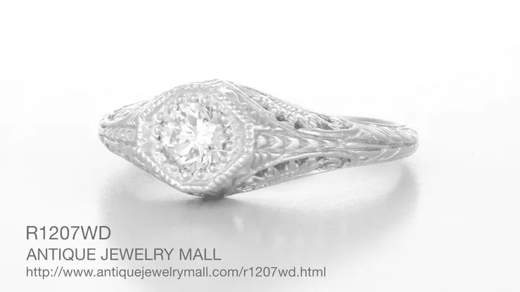 Art Deco 0.27 Carat Diamond Sunflowers Filigree Engagement Ring in 14 Karat White Gold