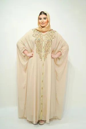 Beige Chiffon Farasha Abaya with Exquisite Embroidery and Stone Accents