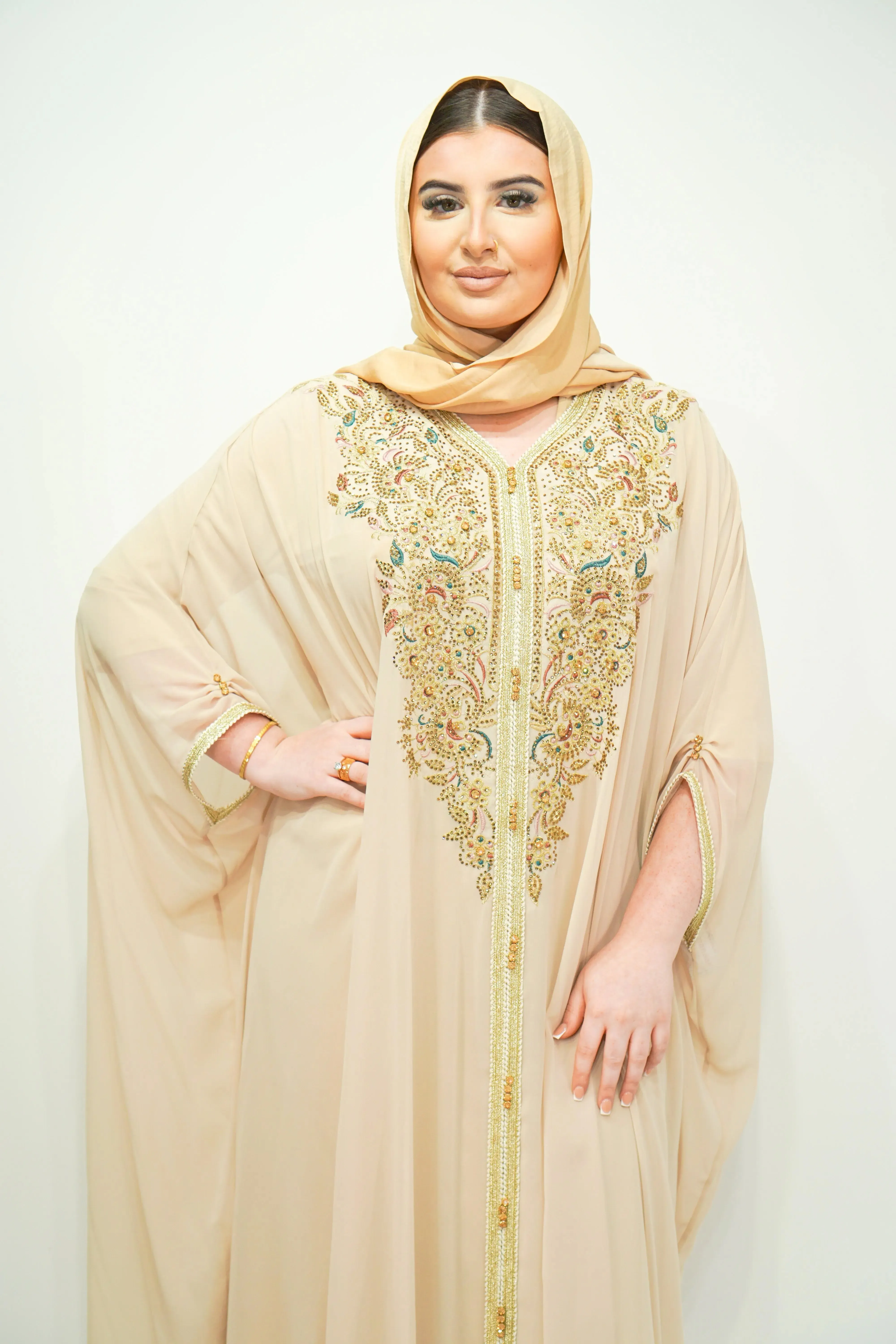 Beige Chiffon Farasha Abaya with Exquisite Embroidery and Stone Accents