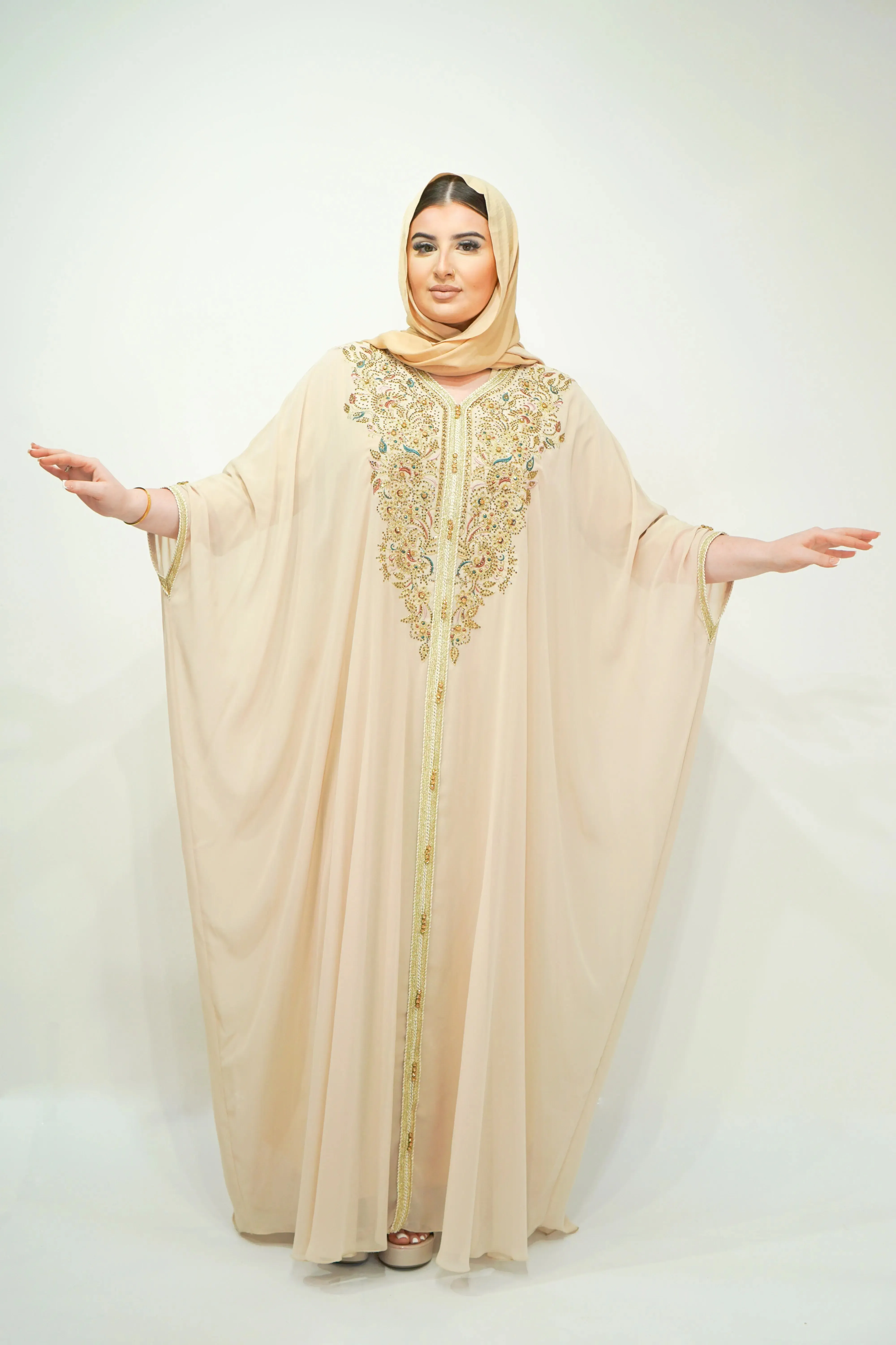 Beige Chiffon Farasha Abaya with Exquisite Embroidery and Stone Accents