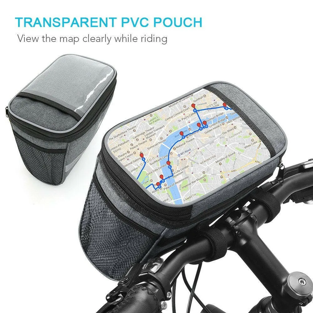 Bike Handlebar Bag Front Bicycle Basket with Mesh Pocket Cold & Warm Insulation Cycling Front Storage Bag Touchable Transparent Phone Pouch