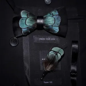 Black & Green Exquisite Feather Bow Tie with Lapel Pin