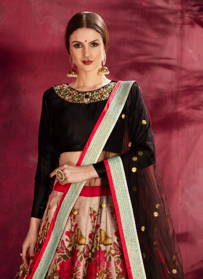 Black-Cream Exquisite Floral Embroidered Designer Lehenga