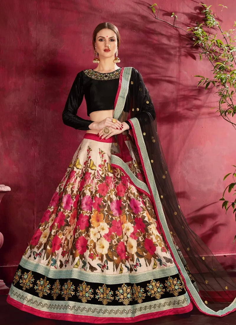 Black-Cream Exquisite Floral Embroidered Designer Lehenga