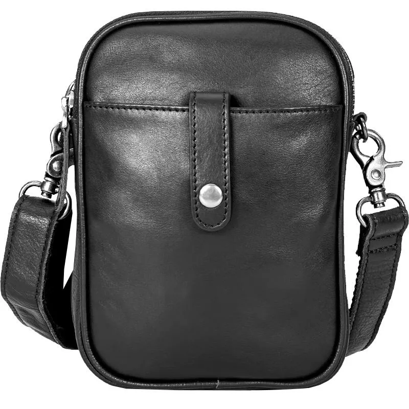 Black Leather Mens Small Belt Pouch Phone Messenger Bag Belt Bag Side Bag for men