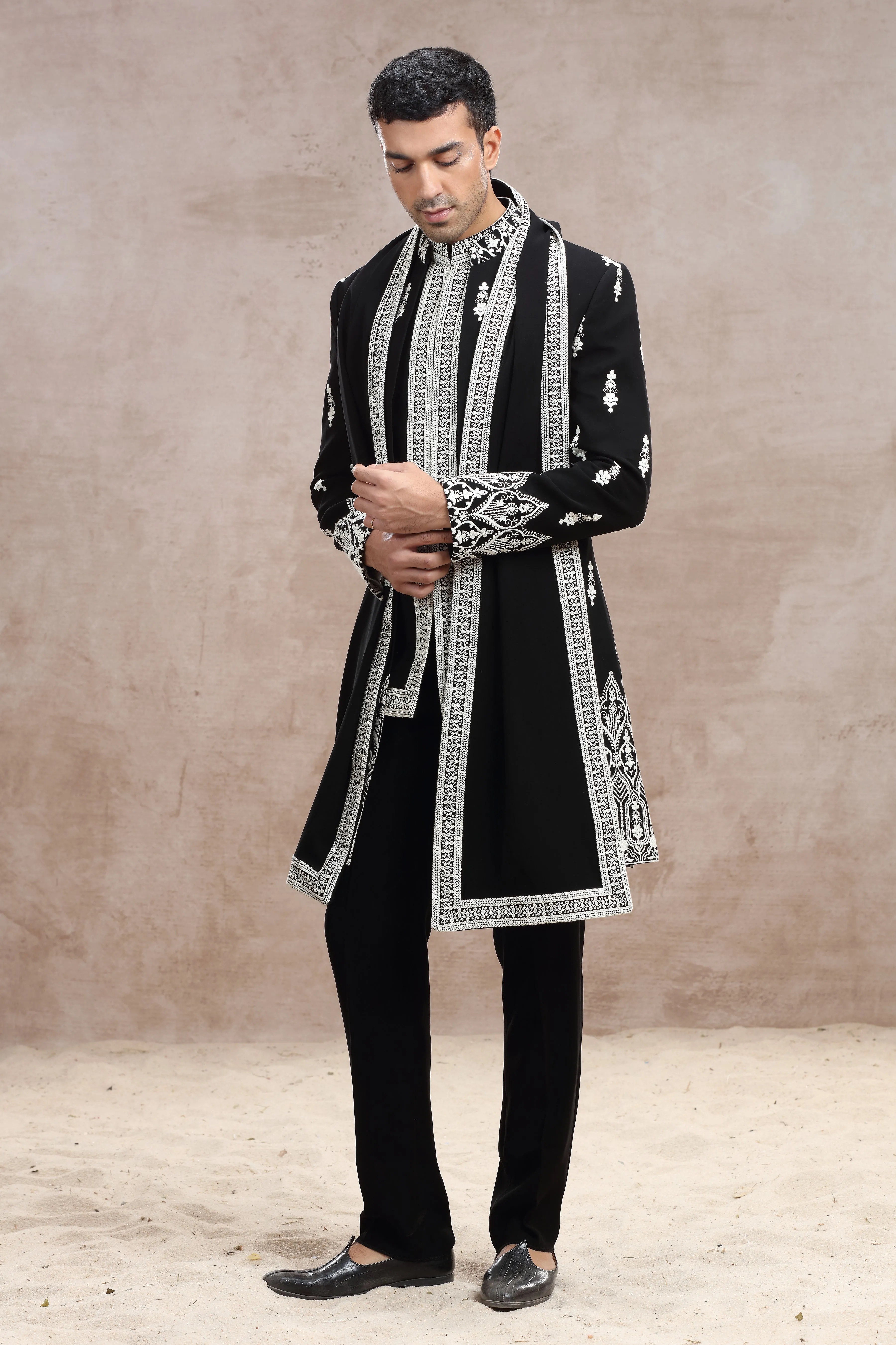 Black Silk Indo Western with Exquisite Thread Work