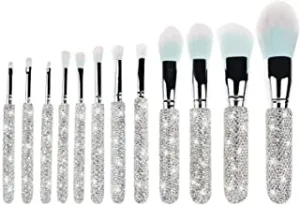 Bling Makeup Brushes Professional Face Cosmetics Blending Liquid Foundation Powder Concealer Eye Shadows Make Up Beauty Tool Glitter with Pouch Bag Kit (12PCS) (Purely Handmade)