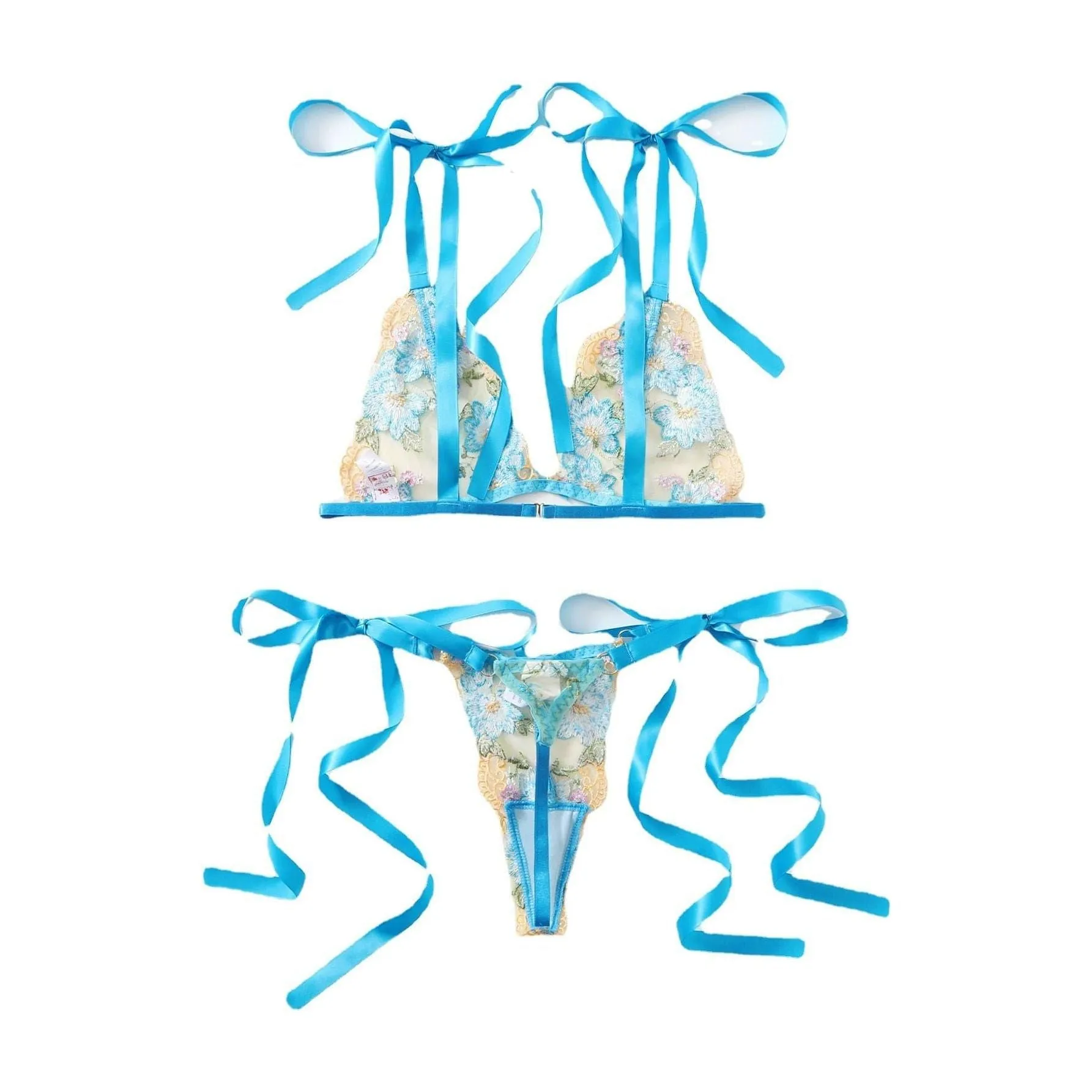 Blue lace carved lace lingerie two-piece set