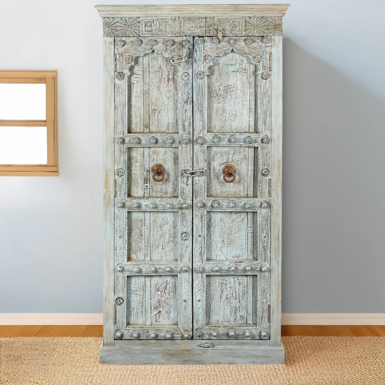 Blue Painted Reclaimed Teak Cabinet Made From Old Doors