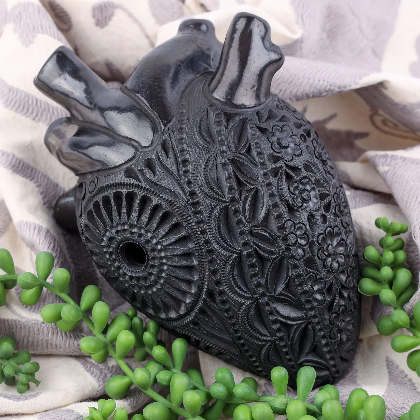 Carved Barro Negro, Black Clay, Heart Wall Art Sculpture