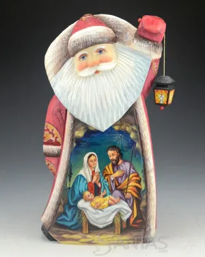 Carved Russian Santa with Nativity Scene and Lantern