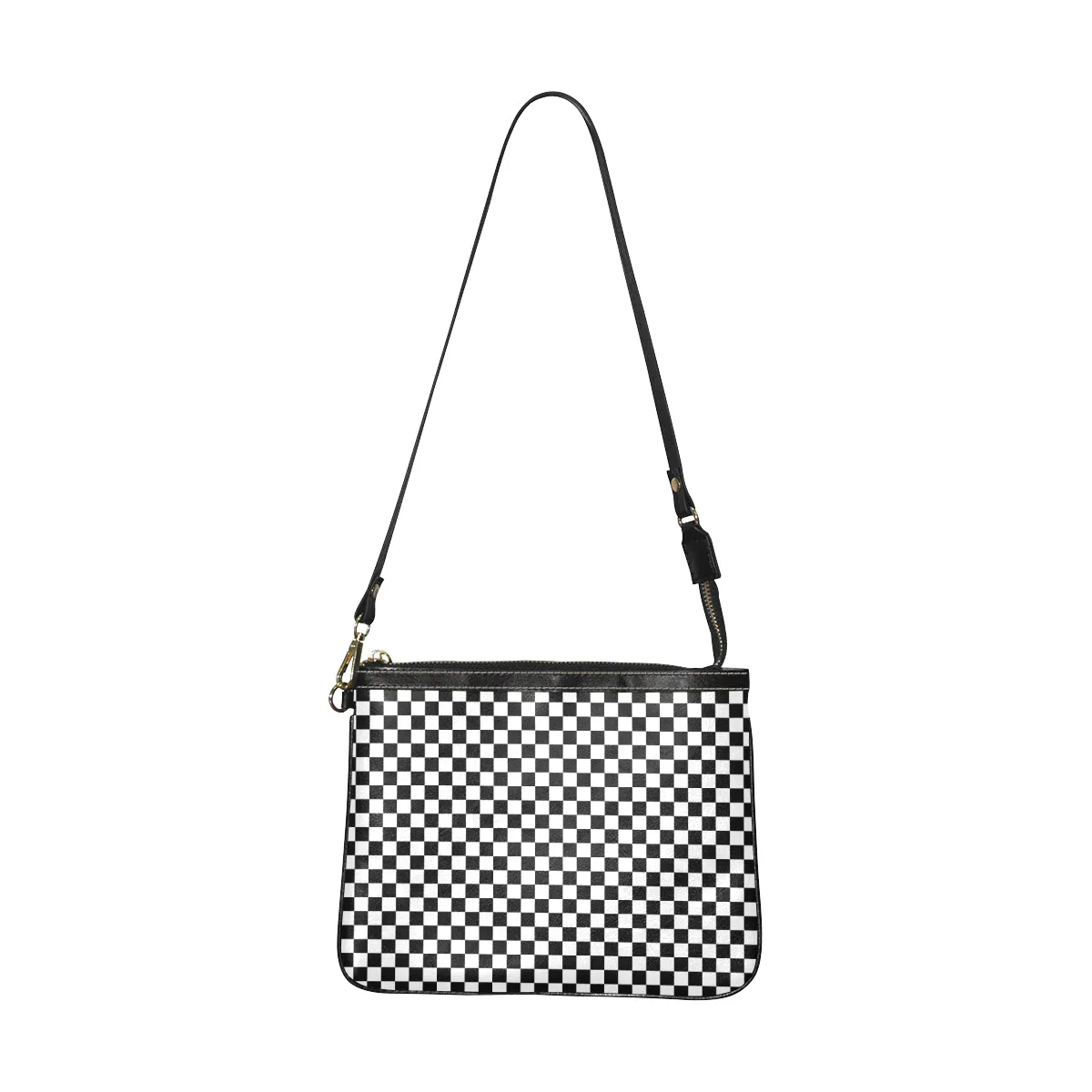 Check Print Small Shoulder Bag, Black White Checkered Women Leather Unique Cross Evening Travel Handmade Messenger Crossbody Zipper Purse