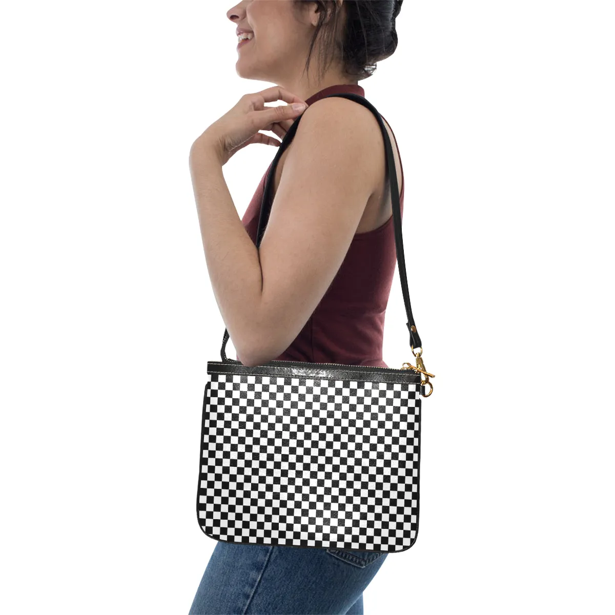 Check Print Small Shoulder Bag, Black White Checkered Women Leather Unique Cross Evening Travel Handmade Messenger Crossbody Zipper Purse