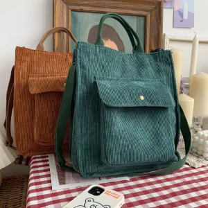 Corduroy Shoulder / Handbag  - Casual Tote with Outside Pocket