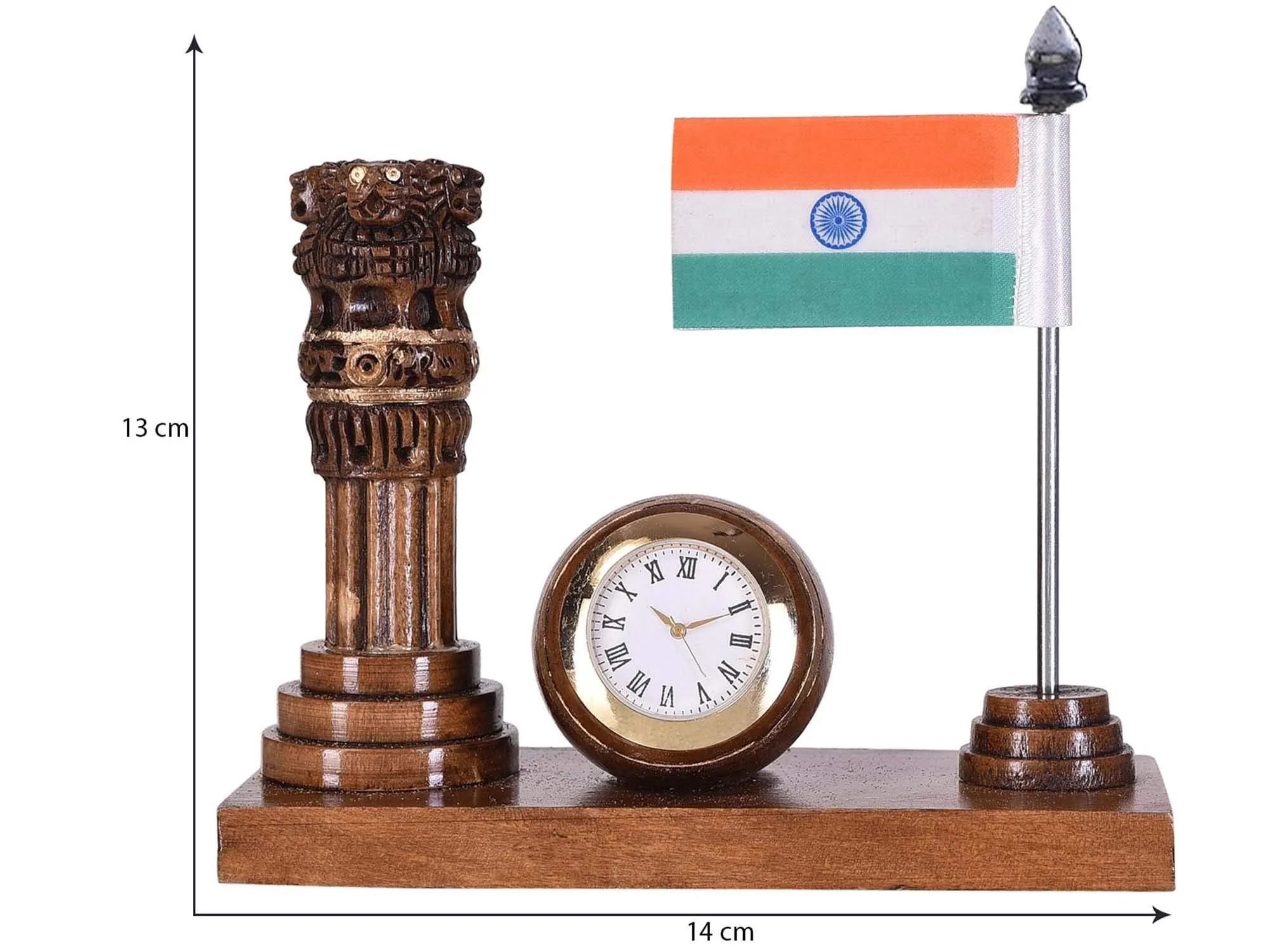 Craft King Wooden Ashok Stambh with Table Clock & Flag Stand (Brown)