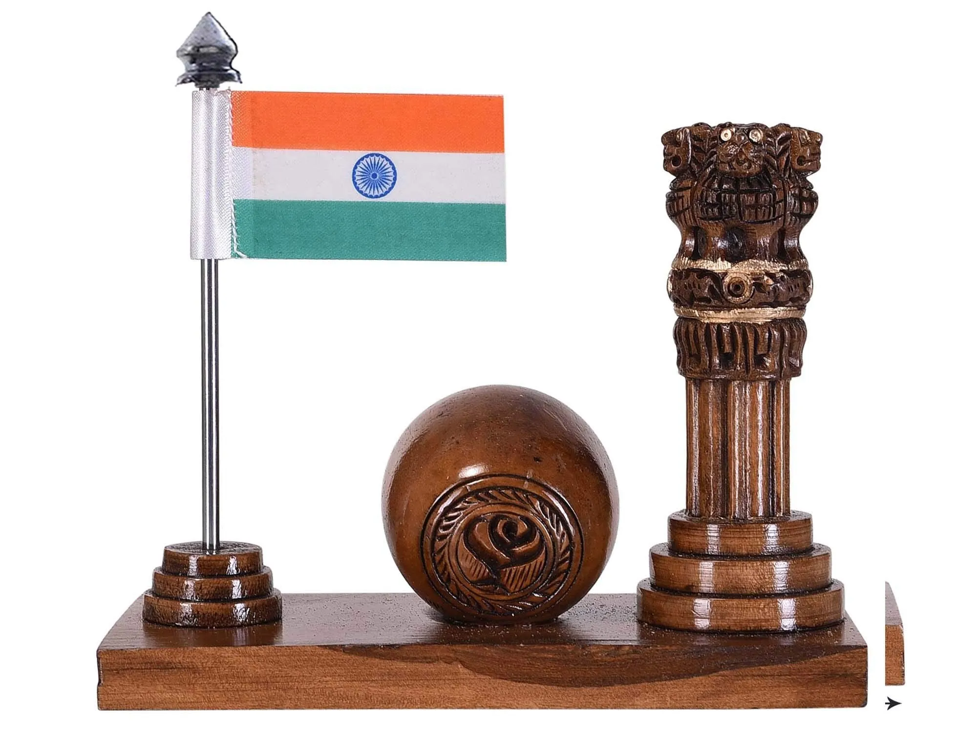 Craft King Wooden Ashok Stambh with Table Clock & Flag Stand (Brown)