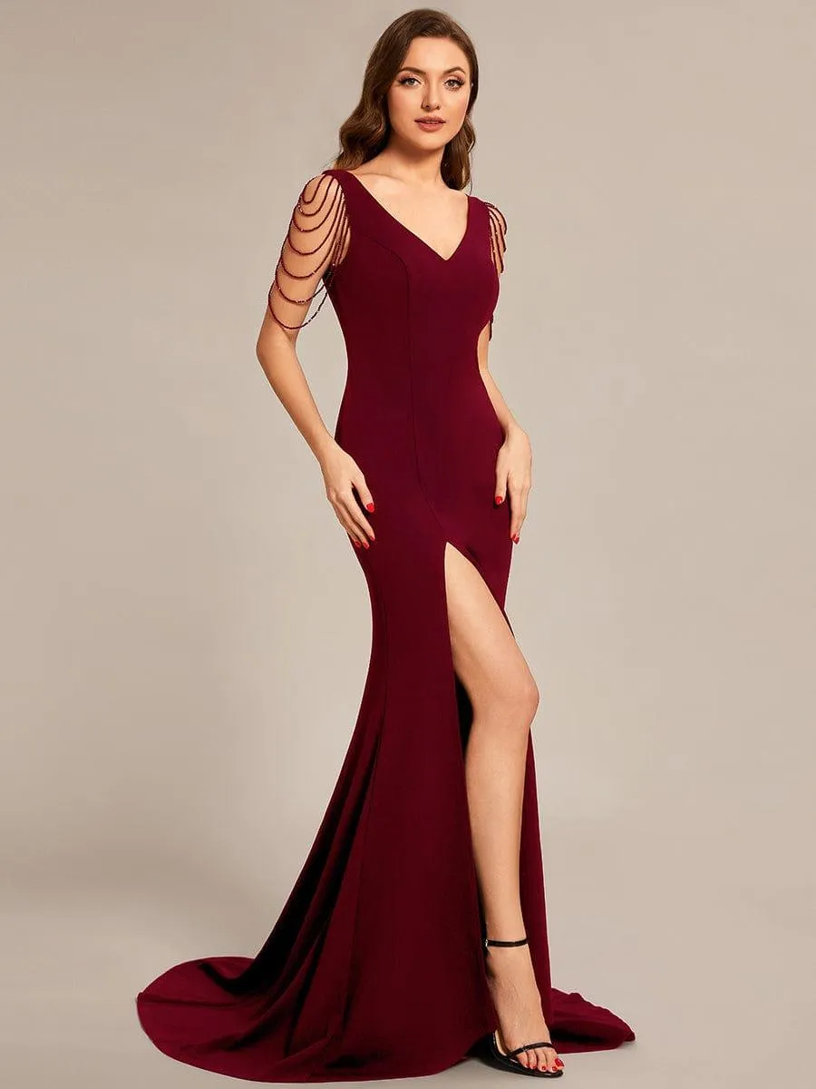 Custom Size V Neck Stretch Crepe High Front Slit Bodycon Formal Dress