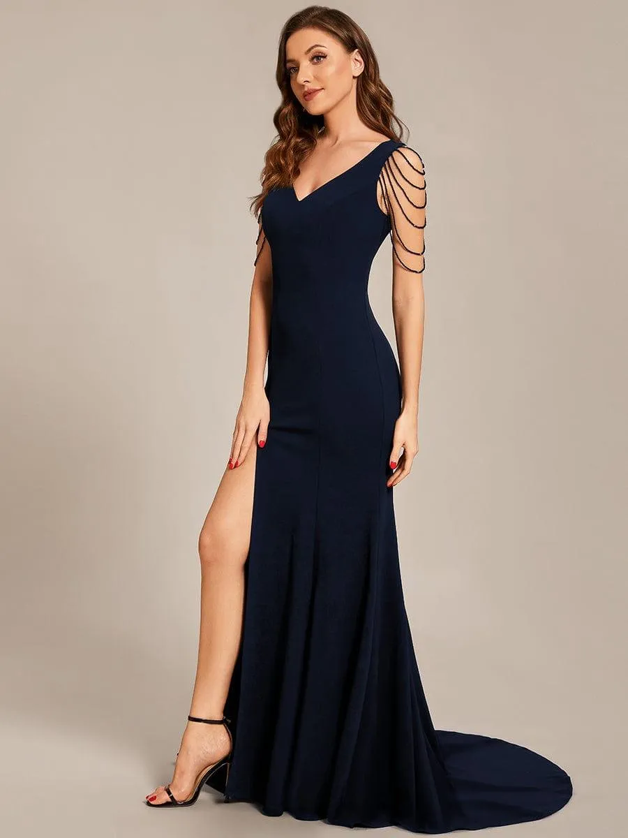 Custom Size V Neck Stretch Crepe High Front Slit Bodycon Formal Dress