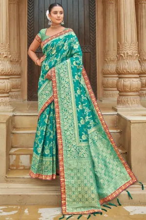 Cyan Color Banarasi Style silk Fabric Exquisite Weaving Work Saree