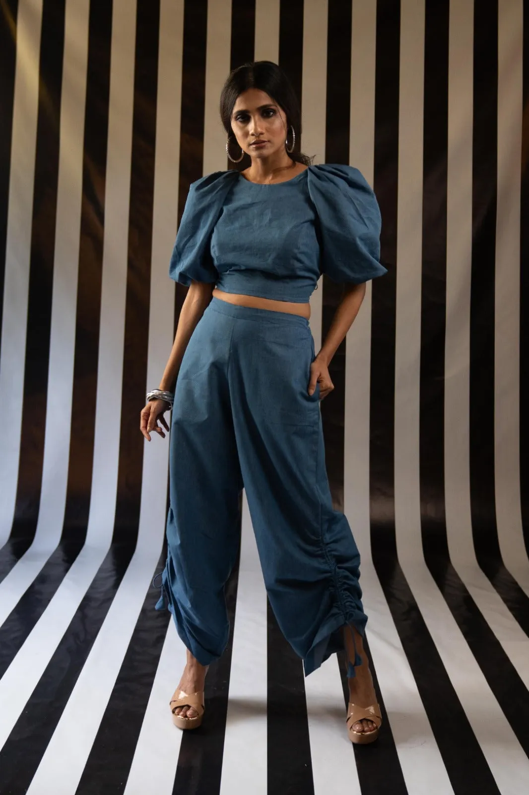 Denim Crop Top Ruched Pant Ensemble - Your Holiday Wardrobe Essential