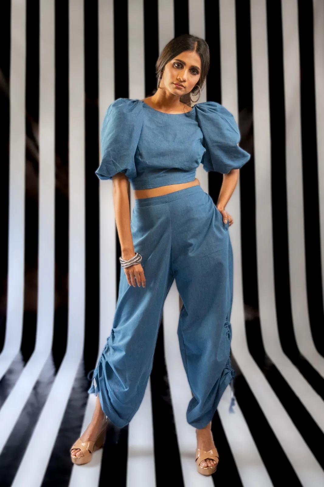 Denim Crop Top Ruched Pant Ensemble - Your Holiday Wardrobe Essential