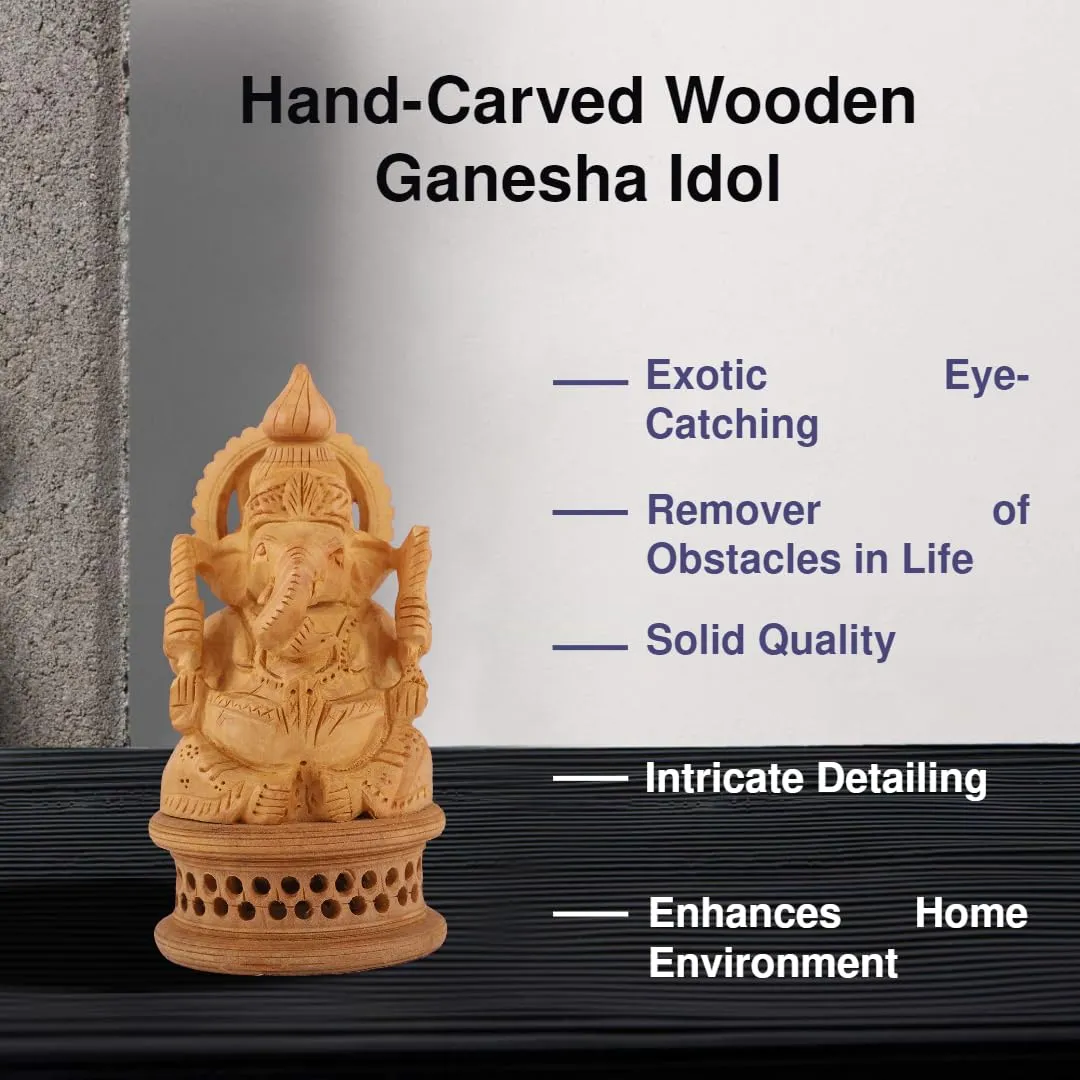 DHYANRSH Hand Crafted Exotic eye-catching Lord Ganesha Wooden Idol (4 Inch Height)