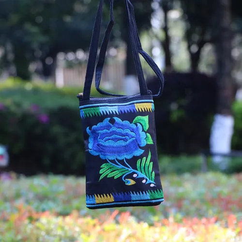 Ethnic Style Tribal Embroidery Flower Crossbody 6.5 Inch Mobile Phone Bag Hanging Neck Mobile Phone Bag